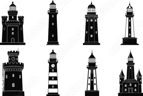 Set of lighthouse and tower silhouettes in black vector style, nautical coastal landmark icons collection for maritime design, navigation themes, travel logos, and decor.