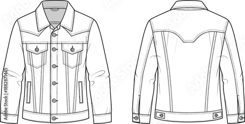 Men’s denim jacket technical drawing showing front and back views with pockets, seams, and buttons, clean vector outline for fashion design, apparel templates, and mockups.