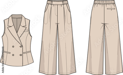 Women’s beige tailored outfit technical drawing featuring sleeveless blazer vest and wide leg trousers, front and back views for fashion design, flat sketch templates.
