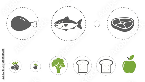 Healthy Food Icons Depicting Essential Nutrients and Balanced Diet Options