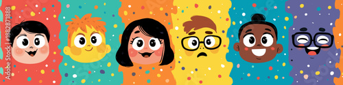 Cheerful cartoon faces on a colorful background expressing various emotions and concepts. Cartoon faces showing emotions and different personalities