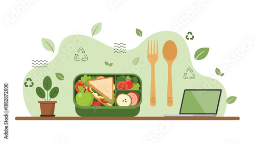 Healthy Eco-Friendly Lunch: Sustainable Food in a Recyclable Container and Digital Workstation