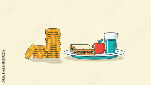 Healthy Food And Financial Wealth Concept With Coins, Apple, Sandwich, And Drink