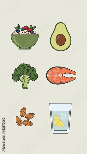 Healthy Food Selections Featuring Oatmeal, Avocado, Broccoli, Salmon, Almonds, And Lemon Water