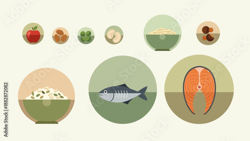 Healthy Food Arrangement: Artistic Illustration of Fruits, Nuts, Grains, and Seafood