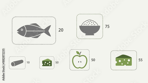 Healthy Food Arrangement Depicting Fish, Rice, Apple, Cheese, And Sliced Log Elements