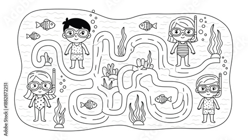 a whimsical black and white illustration depicts children exploring an underwater maze filled with fish and seaweed