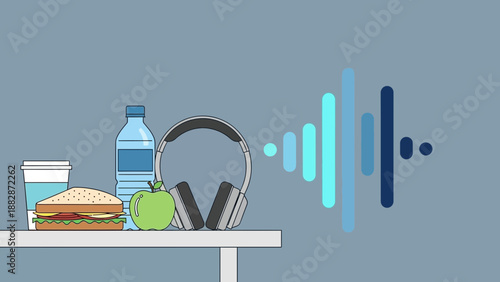 Healthy Lifestyle and Digital Audio Streaming Concept with Graphic Elements
