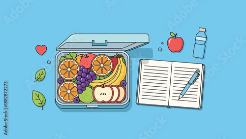 Healthy Lifestyle and Diet Planning: A Colorful Illustration of Lunch and Notebook