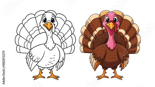 a charming illustration depicts a turkey with a black and white outline alongside a colorful detailed depiction of