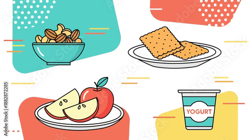 Healthy Food Arrangement Depicting Nuts, Crackers, Apples, and Yogurt in Colorful Illustrations