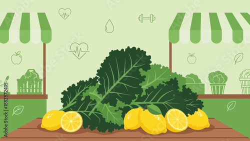 Healthy Lifestyle Concept Featuring Fresh Kale, Lemons, and Wellness Symbols