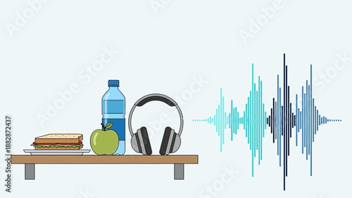 Healthy Lifestyle Concept: Fresh Food, Audio Waves, and Modern Communication