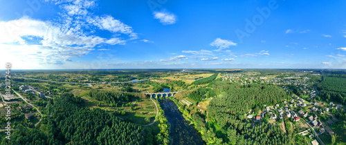drone view photography from top wide panorama country side summer day rustic village green environment space clear weather time