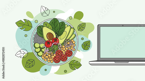 Healthy Food Bowl Illustration Near Laptop Representing Digital Lifestyle and Nutrition