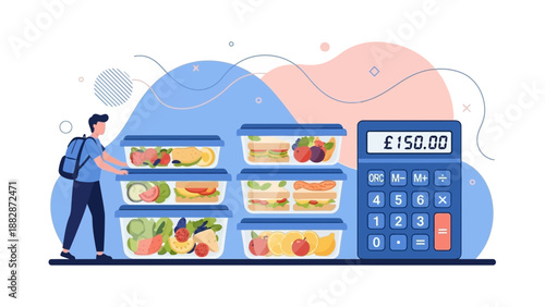 Healthy Food Budgeting Illustrated, Meal Prep and Cost Calculation, Modern Design Concept
