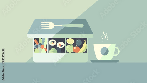 Healthy Food Cafe Illustration with Coffee, Fruits, and Vegetables for Healthy Lifestyle