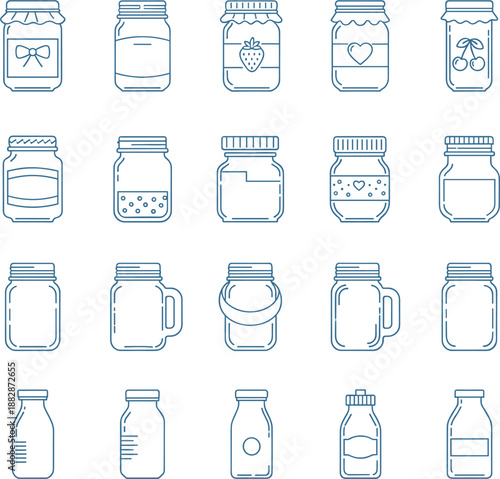 Professional vector icon set of glass jars masonry mugs and milk bottles for food packaging and storage.