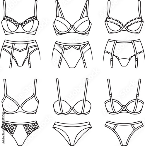 women underwear Collection of fashionable. Doodle outline hand drawn style. bra and panties