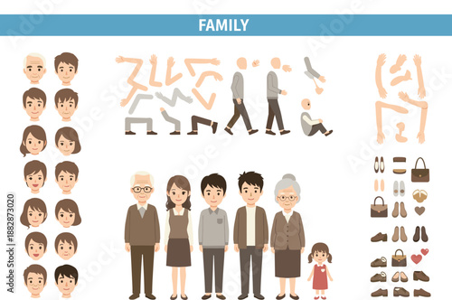 Professional family character constructor kit featuring multiple generations facial expressions body parts and fashion accessories.