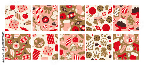 Festive holiday seamless pattern square backgrounds with Christmas decor elements isolated set