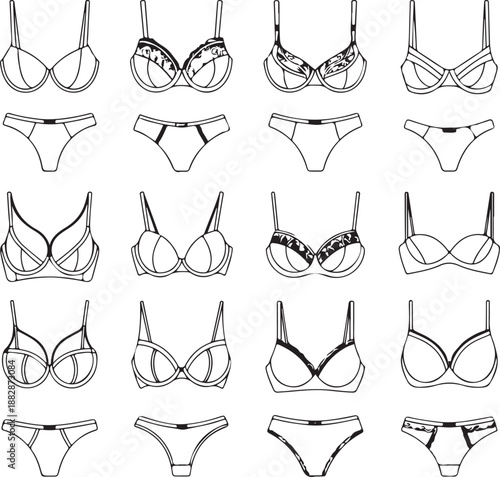 women underwear Collection of fashionable. Doodle outline hand drawn style. bra and panties