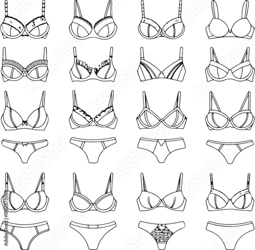 women underwear Collection of fashionable. Doodle outline hand drawn style. bra and panties