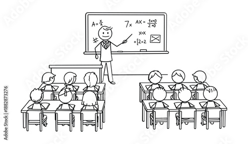 Stick figure teacher explaining math equations to students in a classroom setting desks