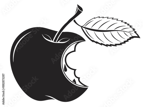 Black silhouette of a bitten apple with a stem and leaf fruit food