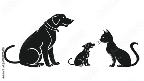 Black silhouette of a large dog, a small dog, and a cat sitting together on a white background pets animals