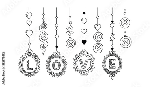 Decorative hanging ornaments spelling out the word LOVE love hearts