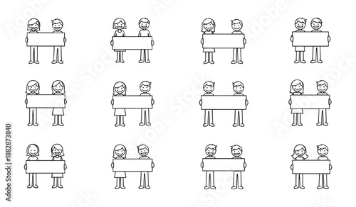 Outline Drawings of Pairs of Children Holding Blank Rectangular Signs stick rows