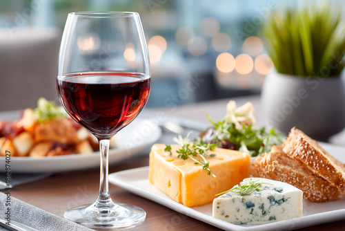 Enjoying a gourmet meal with wine, cheese, and salad at a modern restaurant setting Generative AI