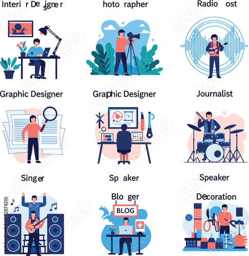 Professional flat illustrations of creative careers including interior designer photographer journalist blogger and musician roles.