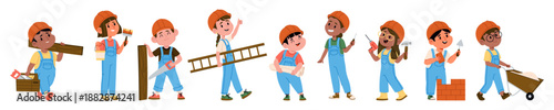Little kids builders and construction workers in hard hats and overalls with tools and blueprints