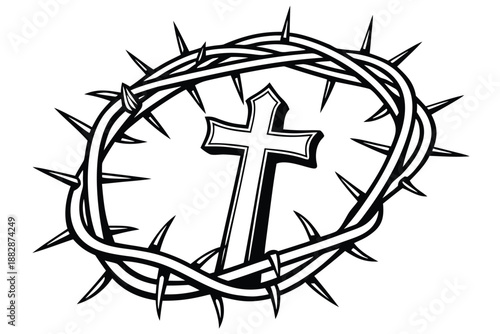 Christian Cross and Crown of Thorns Religious Symbol White and Black Illustration christianity