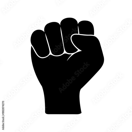 A raised fist in solid black on white background symbolizing resistance