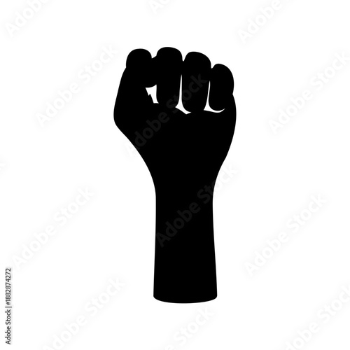 Black silhouette of a raised fist symbolizing strength and defiance on white