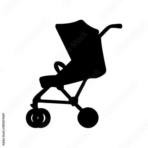 Silhouette of a baby stroller isolated on a white background, simplistic design