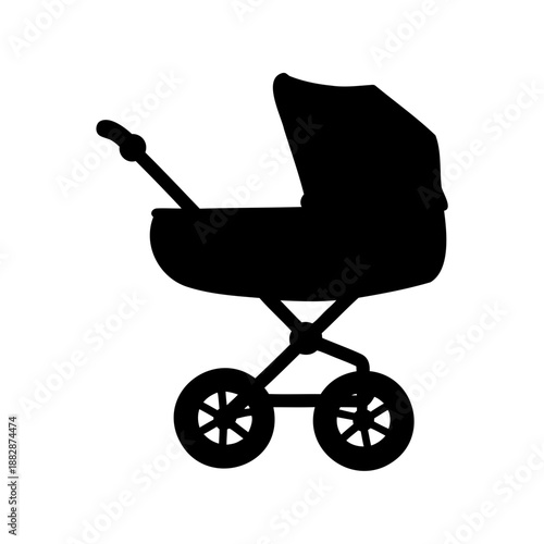 Black silhouette of a vintage baby carriage or pram on white
