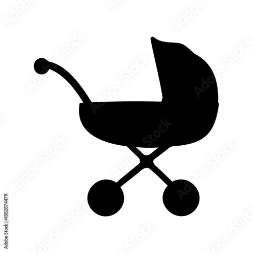 Simple silhouette illustration of a retro baby stroller or pram design