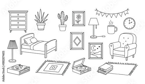 Hand Drawn Doodle Icons of Bedroom Furniture and Decorative Items