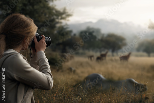 Photographer captures wildlife in a misty field at dawn. The natural world is the subject. A photographer at work.