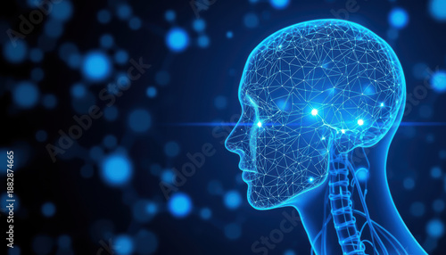 Neural network brain profile, digital medical AI visualization, glowing blue human head