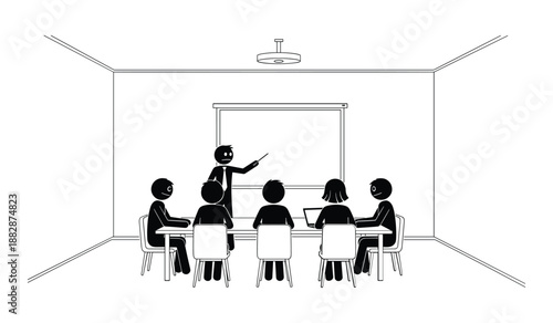 Business meeting with a presenter and audience around a conference table Keywords: business meeting, presentation, conference room, presenter, audience, team, discussion, whiteboard, laptop, table