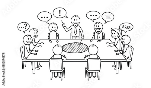 Stick figure meeting with speech bubbles and an exclamation mark business discussion