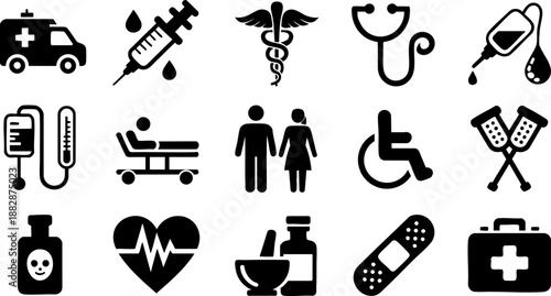 Medical and Emergency Aid Icon Set – Syringe, Heartbeat, First Aid Kit, Ambulance Vector EPS