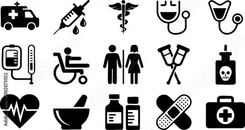 Medical and Emergency Aid Icon Set – Syringe, Heartbeat, First Aid Kit, Ambulance Vector EPS