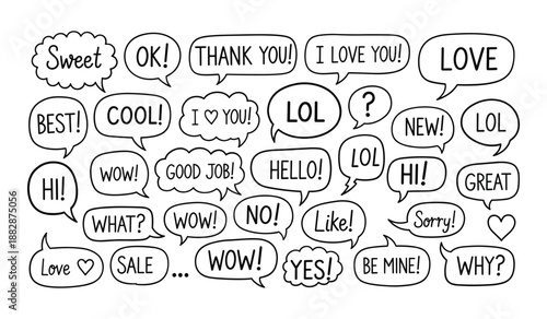 Large Assortment of Hand Drawn Speech Bubbles with Various Words and Emojis text message