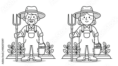 a black and white illustration depicts two smiling farmers standing with pitchforks tending to plants and greenery